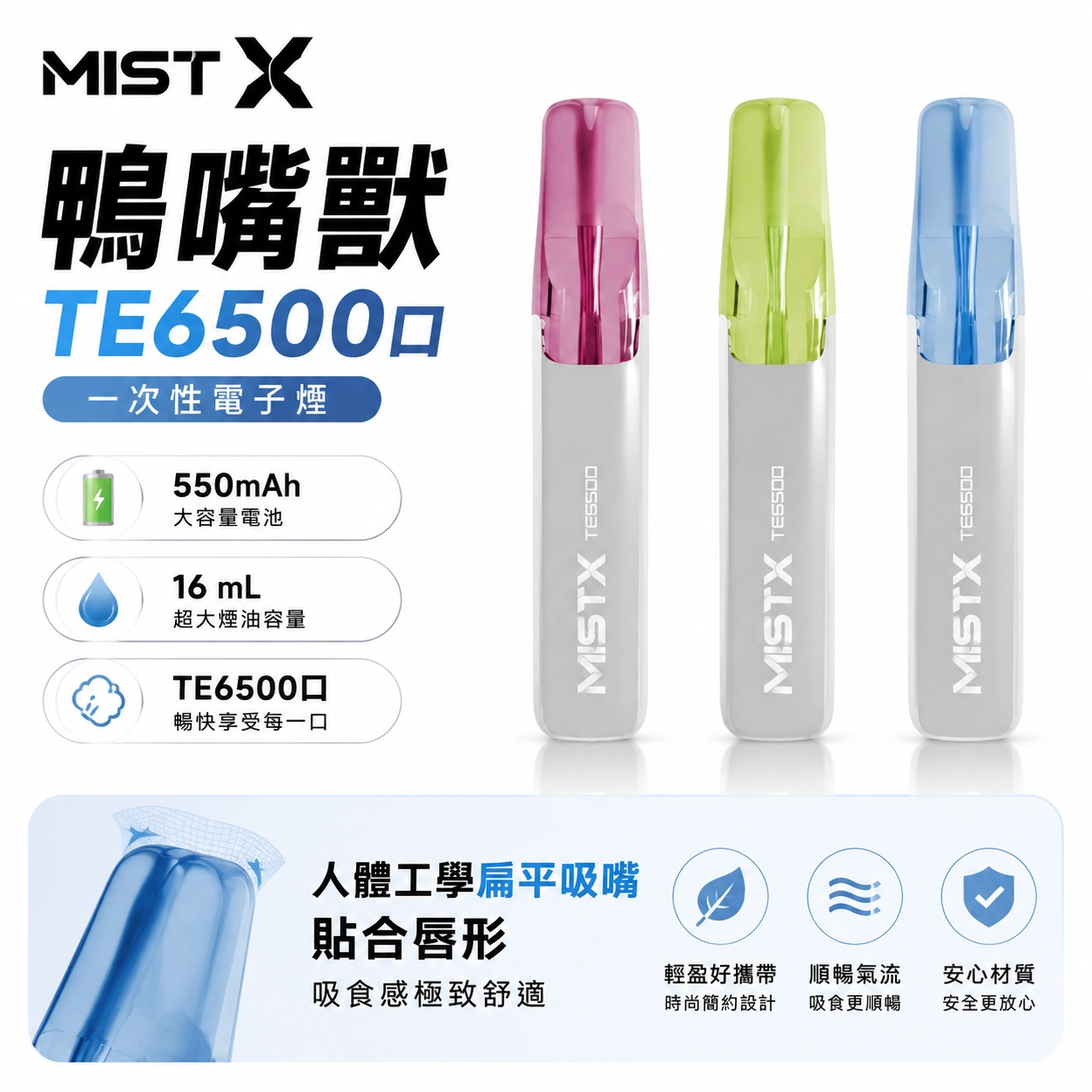MISTX-TE6500-一次性拋棄式電子煙.webp MISTX 鴨嘴獸 TE6500 一次性電子煙|沙士/龍井/芭樂等10種口味|16ml 6500口 陶瓷網紋芯 免充電:圖片 1